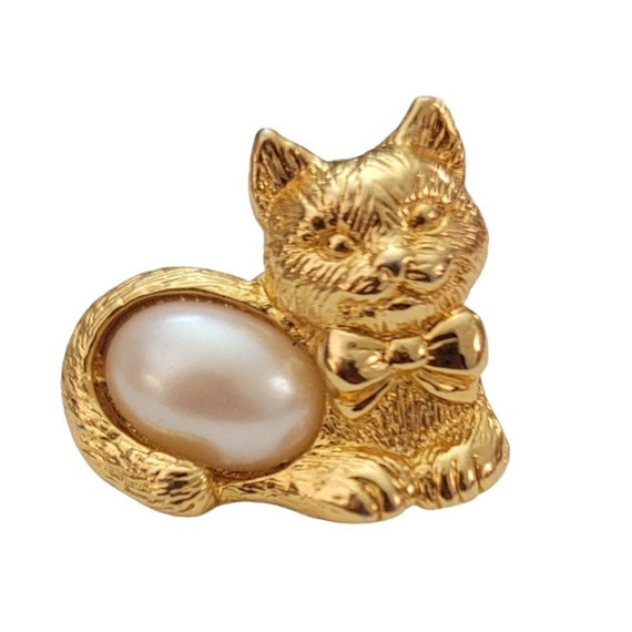 Avon Gold Tone Faux Pearl Cat Kitten Lapel Scatter Pin, Signed K863