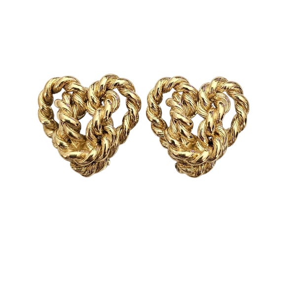 Givenchy Gold Tone Rope Twist Heart Clip On Earrings, Signed