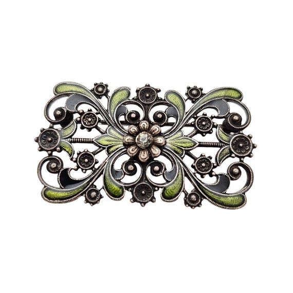 Catherine Popesco Green Enamel Fleur Flower Design Brooch Nouveau Style Pin J571