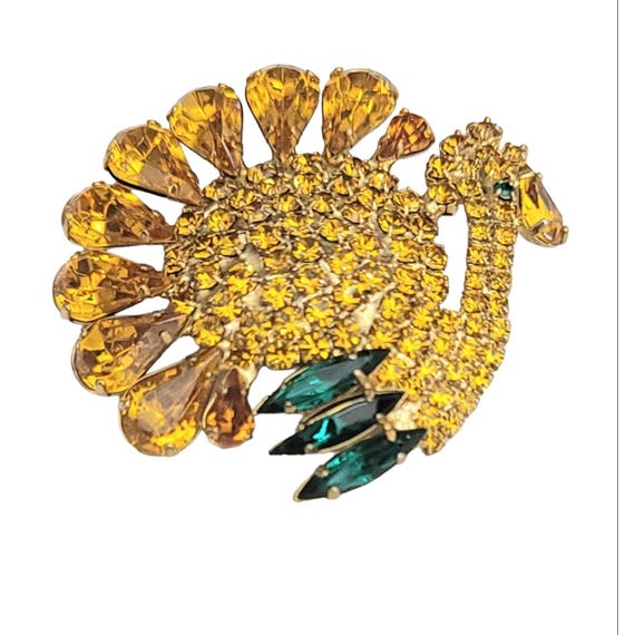 Green Yellow Prong Rhinestone Thanksgiving Turkey Brooch Pin M374