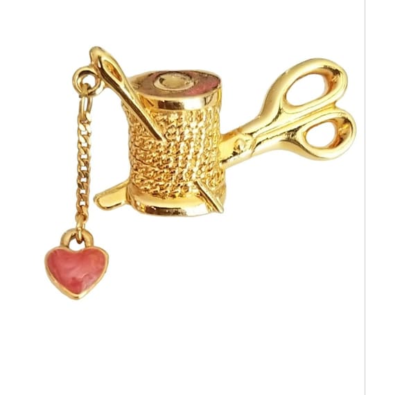 Avon Thread Needle, Heart Charm Dangle Sewing Lapel Scatter Pin, Signed M347