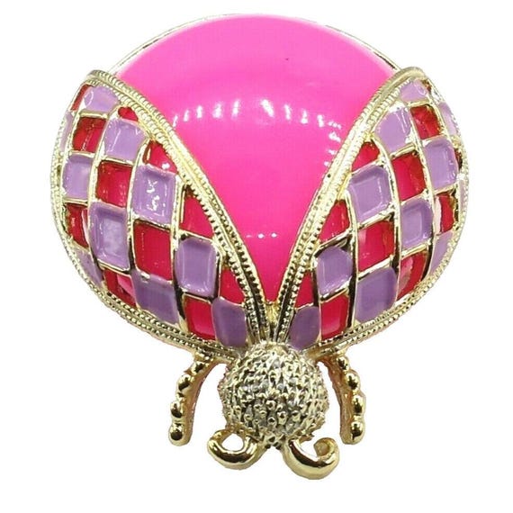 Pink Purple Gold Tone Ladybug Jelly Belly MOD Vintage Brooch Pin Unsigned N214