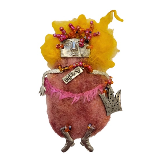Whimsical Beads Pink Yellow Wooly Art Girl Charm Pin K201