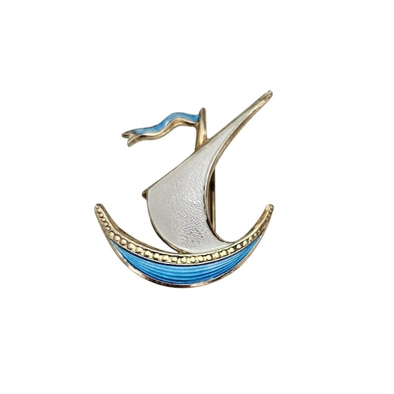 Ivar T. Holth Sterling Silver Sailboat Brooch Blue White Guilloche Pin, Signed