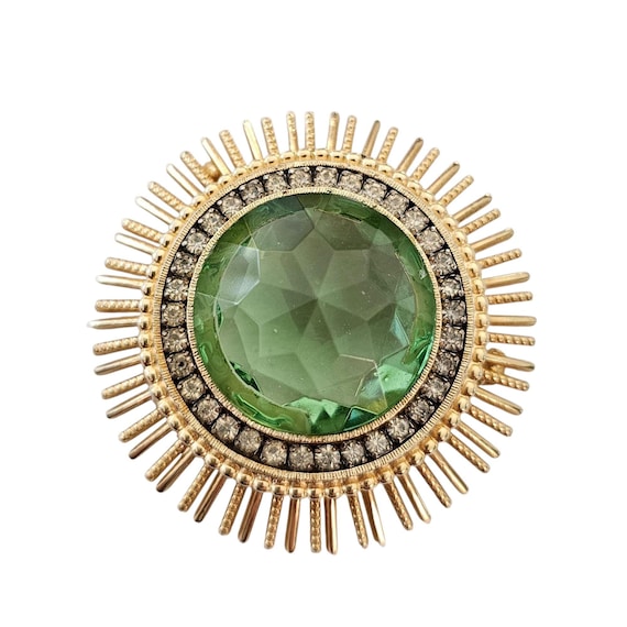 Round Molded Glass Brooch Sputnik Style Clear Rhinestone Halo, Uranium Vintage Pin