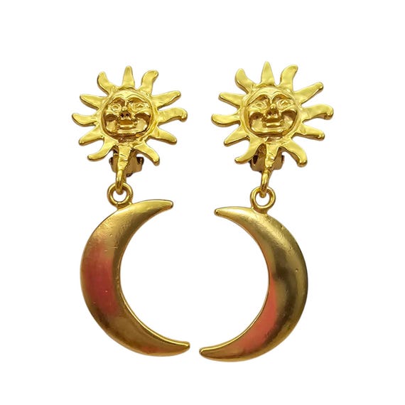 Sun Crescent Moon Gold Tone Clip On Dangle Earrings