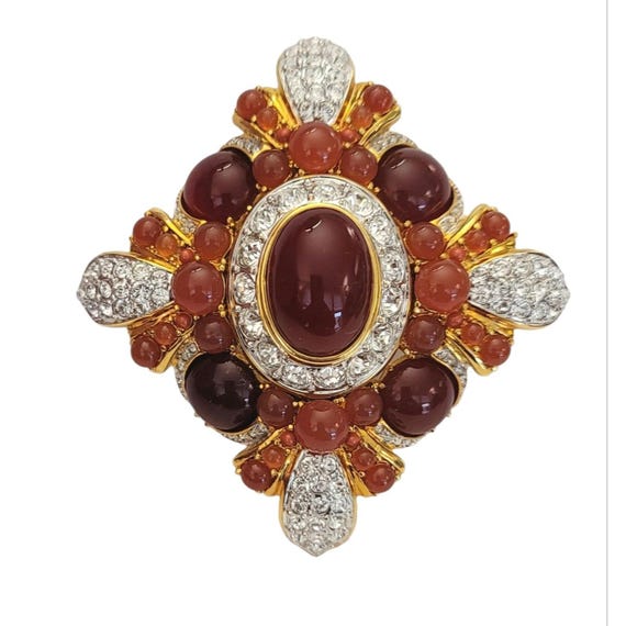 Joan Rivers Gold Tone Carnelian Style Glass Cab Clear Rhinestone Maltese Cross Brooch, Signed K157
