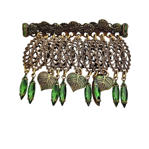 Green Rhinestone Bar Brooch Leaf Navette Dangle Charm Pin J343