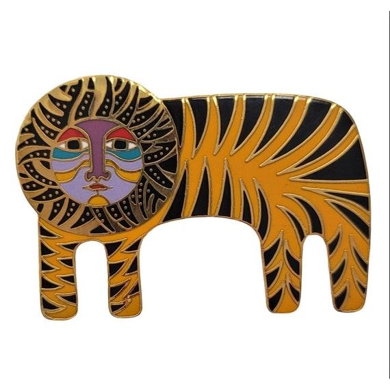 Laurel Burch 1980s Vintage Gold Tone Cloisonne Enamel "TIGRE" Brooch, Signed