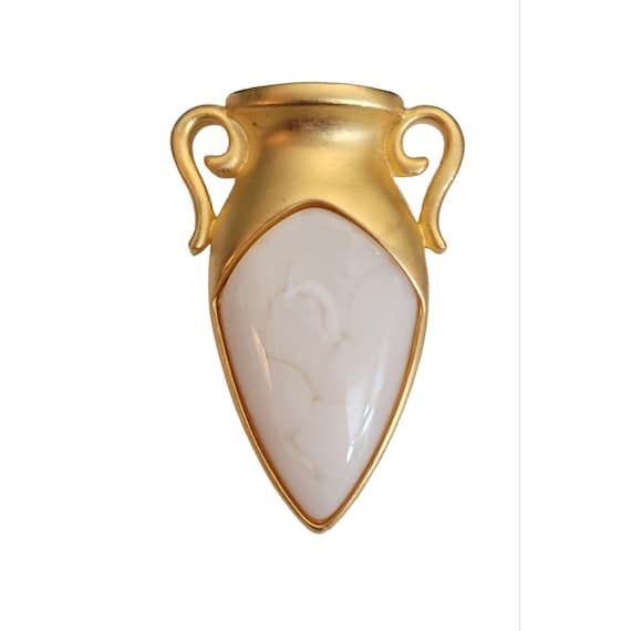 Givenchy Matte Gold Tone Faux Marble, Pearl Urn Brooch, Signed M598