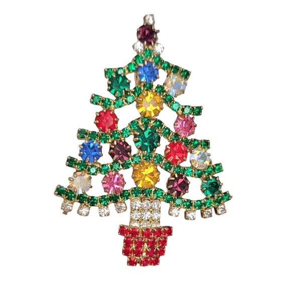 Goldtone Prong Set Muti Color Rhinestone Christmas Tree Brooch Pin
