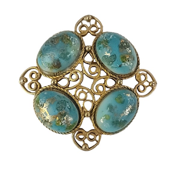 Juliana Gold Tone Blue Oval Art Glass Cabochon Scroll Brooch K540