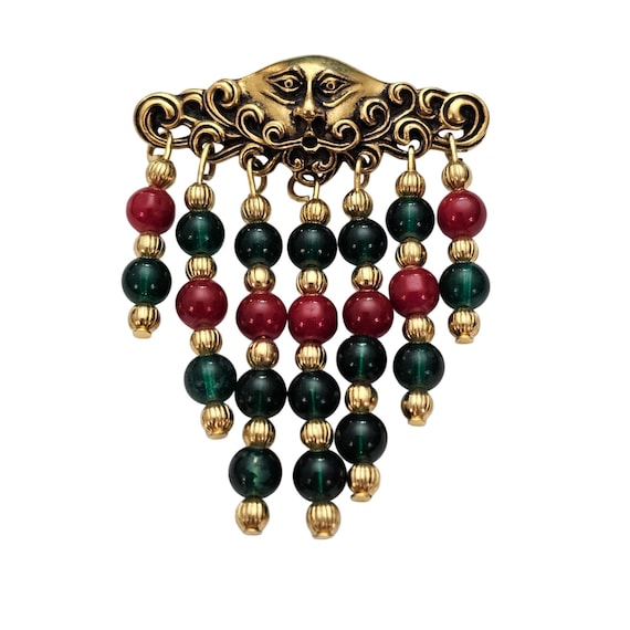 Moon Cat Face Bar Brooch Red Green Glass Bead Dangle Pin J543