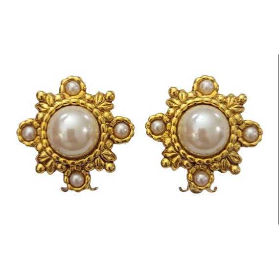 Carolee Gold Tone Round Faux Pearl Maltese Cross Design Clip-On Earrings, Signed K468