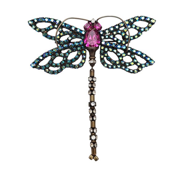 Bauer Dragonfly Brooch Pink, Blue AB Rhinestone Articulated Pin Signed, J595