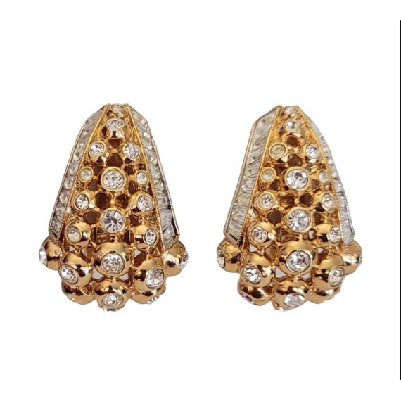 Elizabeth Taylor For Avon Gold Tone Clear Baguette Rhinestone "Evening Star" Clip On Earrings, Signed K549