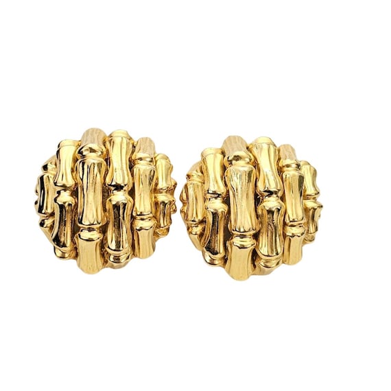 Ciner Gold Tone Round Bamboo Style Clip On Earrings, Signed
