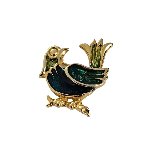 Blue Green Enamel Gold Tone Small Bird Pin L232