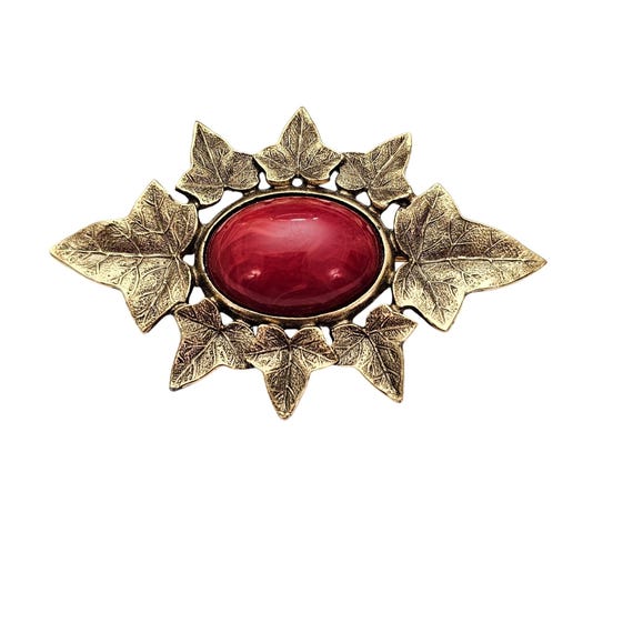 1928 Brand Maple Leaf Brooch Oval Red Marble Lucite Pin J588