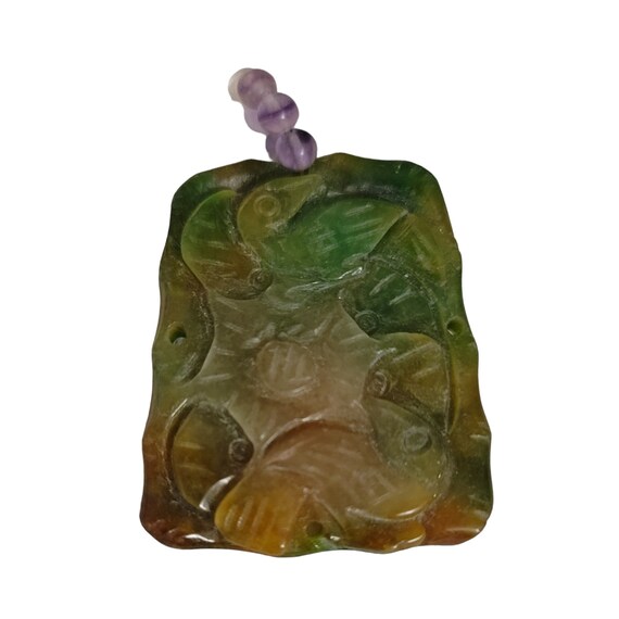 Carved Green Jade Birds Leaves Amethyst Bead Bale Pendant E97