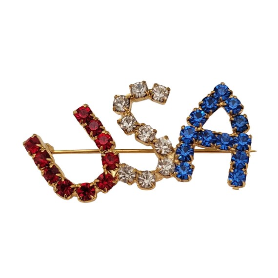 Red Clear Prong Set Rhinestone Patriotic USA Brooch Pin E779
