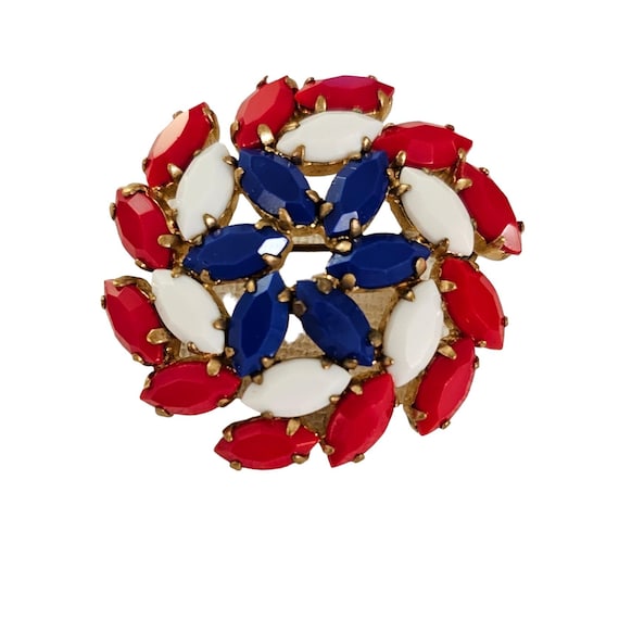 Red White Blue Patriotic Germany Or Austria Rhinestone Round Spiral Brooch L280