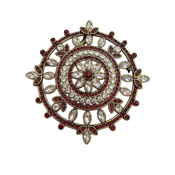 Heidi Daus Red Clear Rhinestone Medallion Brooch Flower Leaf Pin Signed J309