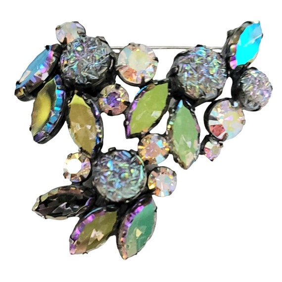 Schiaparelli Silver Tone Blue, Green Lava Cab, Scalloped Edge Rhinestone Cluster Brooch, Signed