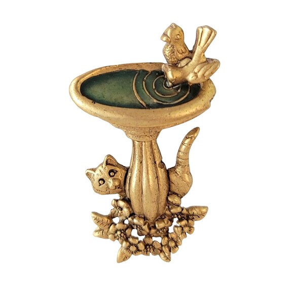 Danecraft Matte Gold Tone Blue Green Enamel Birdbath Bird Cat Brooch Pin, Signed E607