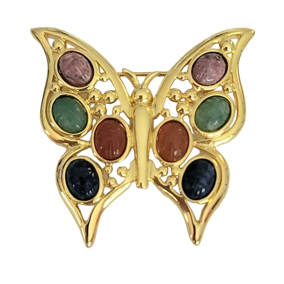 Gold Tone Multicolored Carved Scarab Cab Gem Stone Butterfly Brooch K15