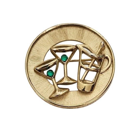 Trifari Gold Tone Round Green Glass Cab Martini Glass Brooch Pin, Signed L831
