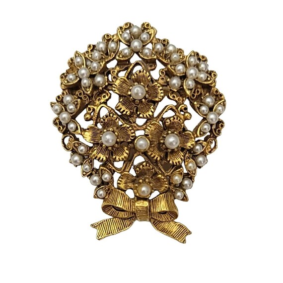 Florenza Gold Tone Faux Pearl Bouquet Of Flowers Pin Brooch, Signed M967