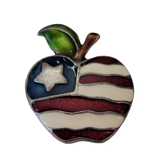 AJMC Silver Tone Red White Blue Enamel Patriotic Apple Brooch Pin, Signed E672