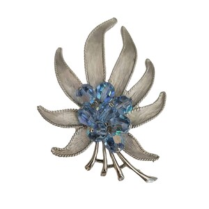 Parco Vintage Silver Tone Blue Faceted Bead Crystal Leaf Brooch, Signed image 5