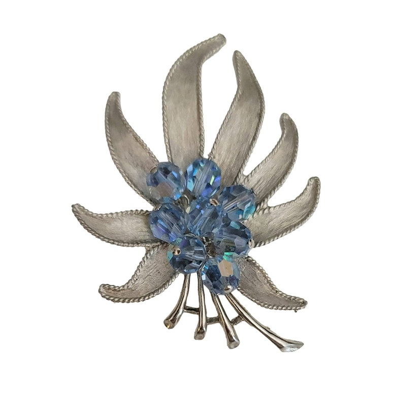 Parco Vintage Silver Tone Blue Faceted Bead Crystal Leaf Brooch, Signed image 5