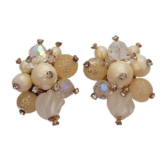 Vendome Faux Pearl Art Glass Rhinestone Clip On Earrings, Signed E315