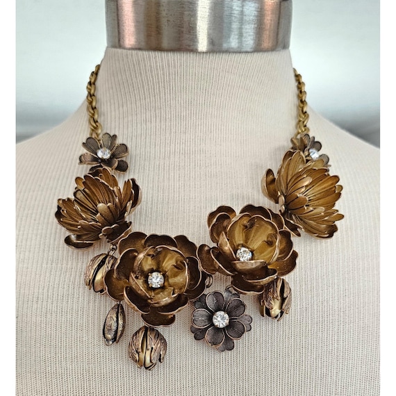 J Crew Brass Poppy Tulip Bud Ornate Necklace Clear Rhinestones C637