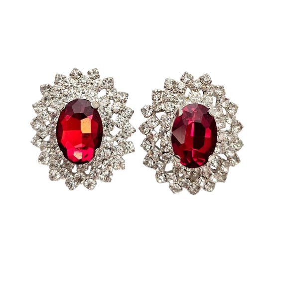 Oval Red Clear Rhinestone Clip-On Earrings C735