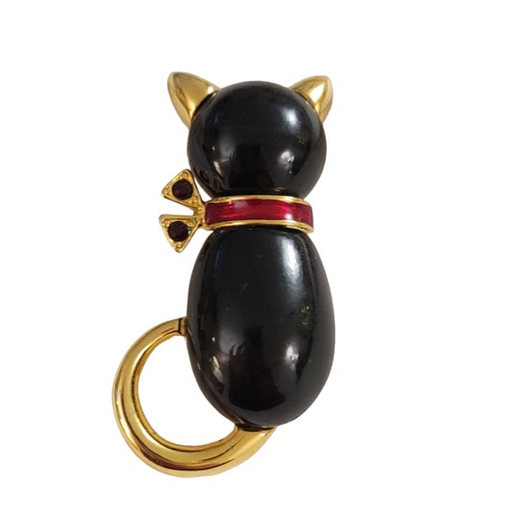 Anne Klein Black Rhinestone Lucite Red Enamel Cat Brooch, Signed K994