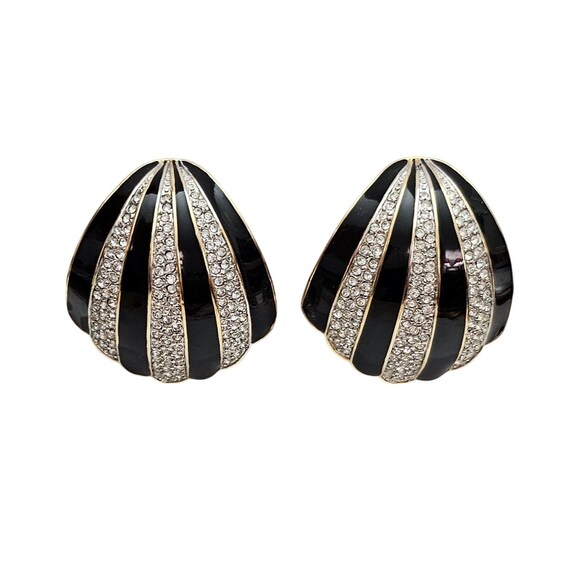 Guy Laroche Black Enamel Clear Rhinestone Clip-On Clam Shell, Fan Earrings J817