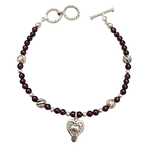 Silpada Garnet Sterling Bead Bracelet Dangling Heart Charm C824