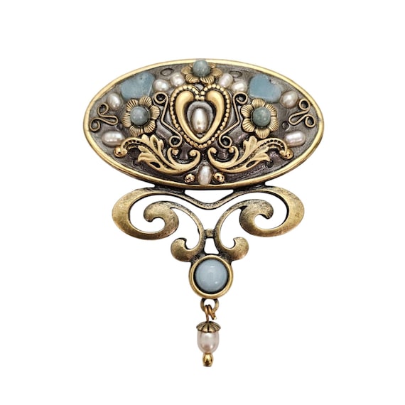 Michal Golan Brooch Oval Fleur De Lis Faux Pearl Embellished Pendant, Signed