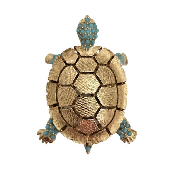 Ciner Turtle Brooch Blue Ballotini  Gold Tone Textured Pin Signed, J63