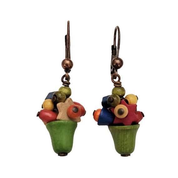 Czech Wood Star Bell Bead Dangle Lever Back Dangle Earrings E130