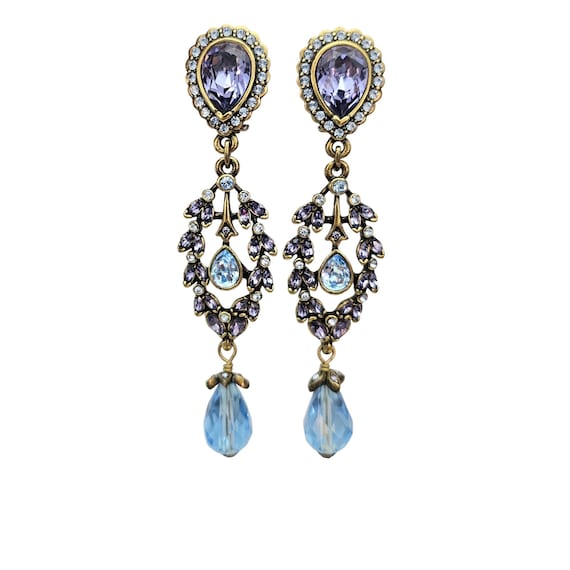 Heidi Daus Purple Teardrop Blue Rhinestone Clip-On Dangle Earrings Signed J671