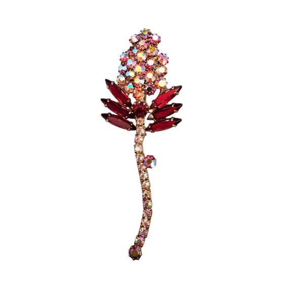 Red Flower Frond Vintage AB Rhinestone Brooch Stemmed Pin J755