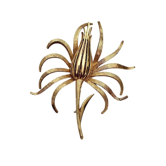 Corocraft Frond Flower Leaf Stem Brooch, Vintage Gold Tone Pin Signed, J960