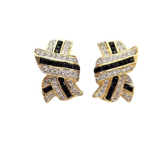 Replica Gold Tone Clip On Black Clear Rhinestone Cluster Ribbon Earrings C766