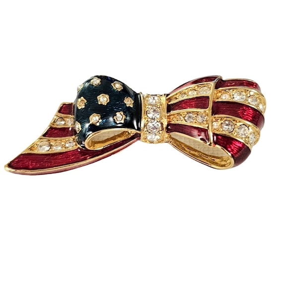 Carolee Clear Rhinestone Patriotic Red Blue Enamel Bow Brooch, Signed L101