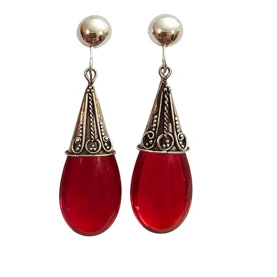 Sterling Red Glass Tear Drop Capped Dangle Clip On Earrings J505
